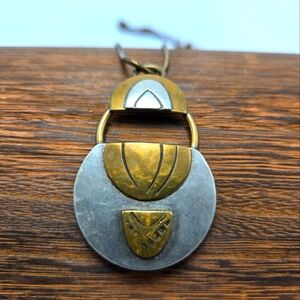 MB SF Marjorie Baer Modernist Mixed Metal Pendant Necklace Brutalist Brass Tone